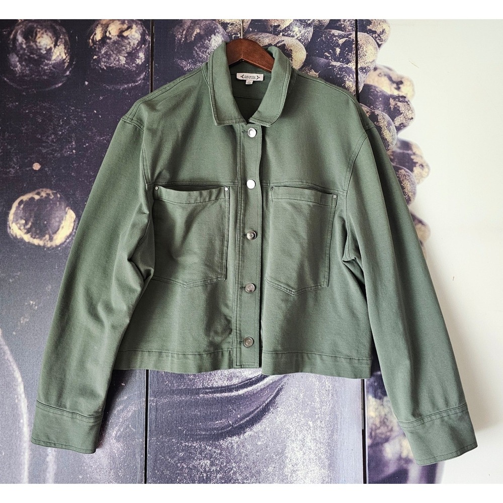 Nanette Lepore Olive Green Button Front Cotton Blend Utility Jacket Knit Size XL - Picture 3 of 8